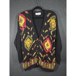 Vtg Melbourne Elements Knit‎ Cardigan Sweater Black Colorful Geometric Size L
